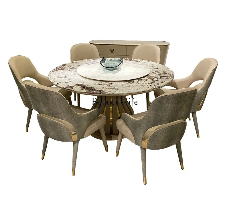 

Italian light luxury solid wood high-end marble round table villa pineapple round dining table and chairs