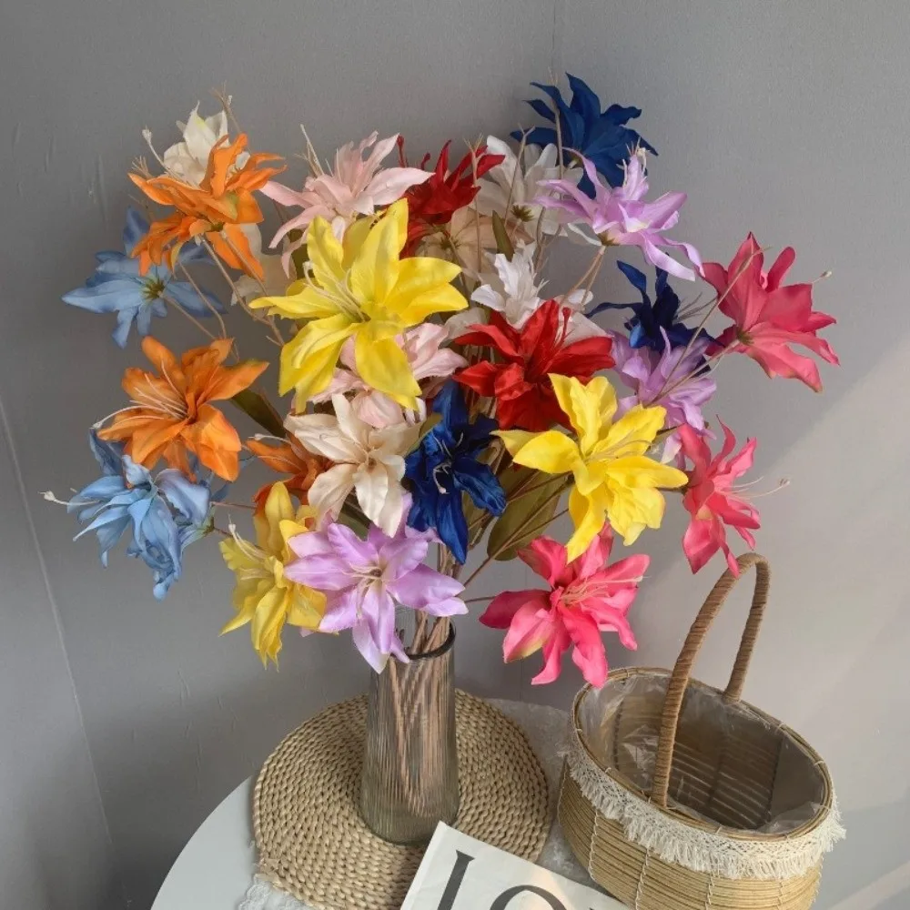 

3 Heads Artificial Flower Branch Realistic Green Plants Lilium Brownii Flower Real Touch Handmade Silk Flower Branch