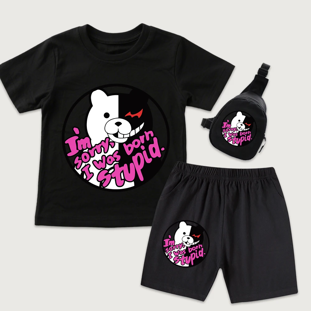 Kids Danganronpa Was Born Stupid Anime Print Cotton T Shirt Shorts Mini Chest Bag 3Pcs Set for Boys Girls Casual Summer Outfit