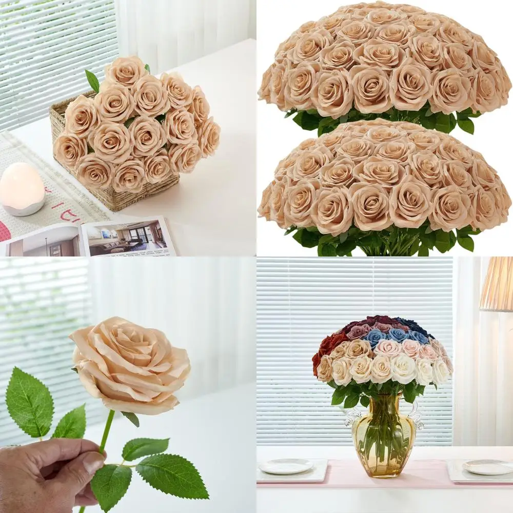 

50 штук бежевых искусственных шелковых роз с стеблями для свадеб, центральных композиций и украшения вечеринок