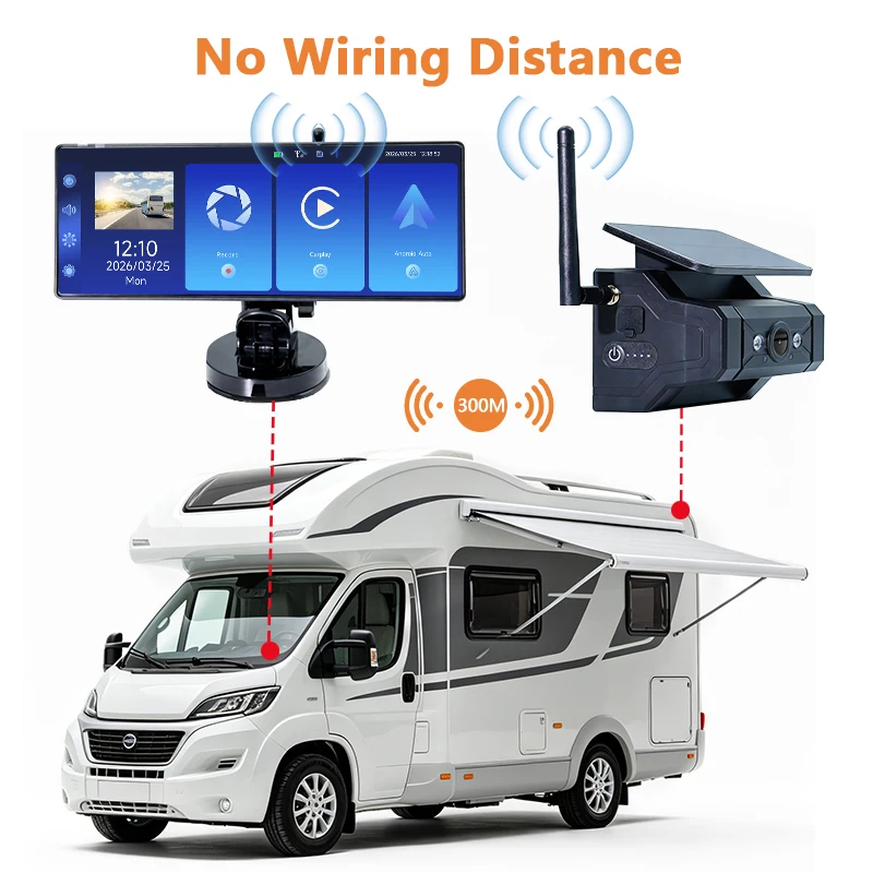 Wireless 720P Solar Magnetic Backup Camera System 9.3 Inch Shockproof Install Free Plug and Play RV Trailer with CarPlay