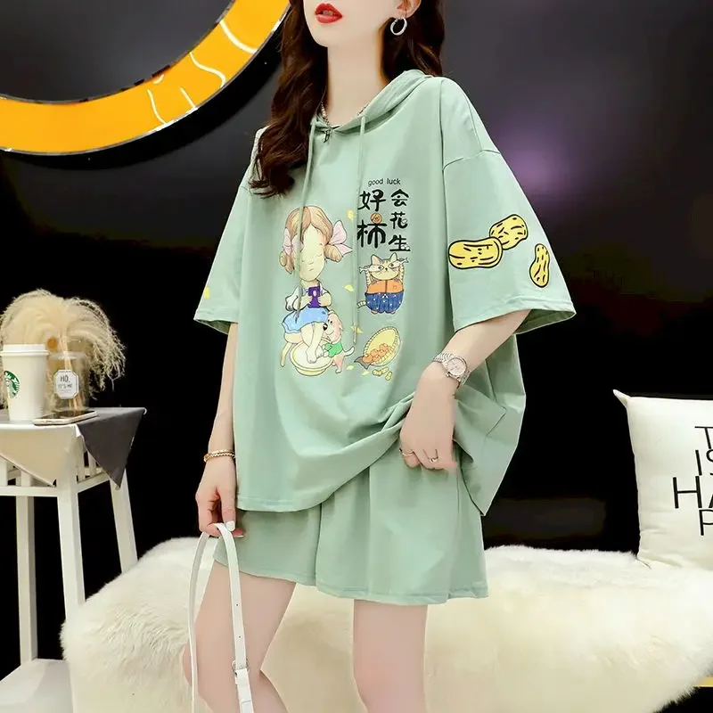 

Женские толстовки с короткими рукавами, спортивные костюмы, свободные корейские футболки с капюшоном большого размера, тонкие шорты, повседневные кавайные костюмы из двух предметов, летние