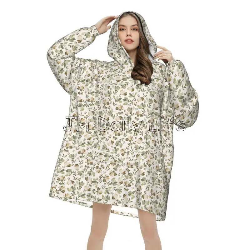 Sage Green Beige Floral Wearable Blanket Hoodie Vintage Brown Flower Oversized Sweatshirts Blanket Warm Flannel Fleece Blankets