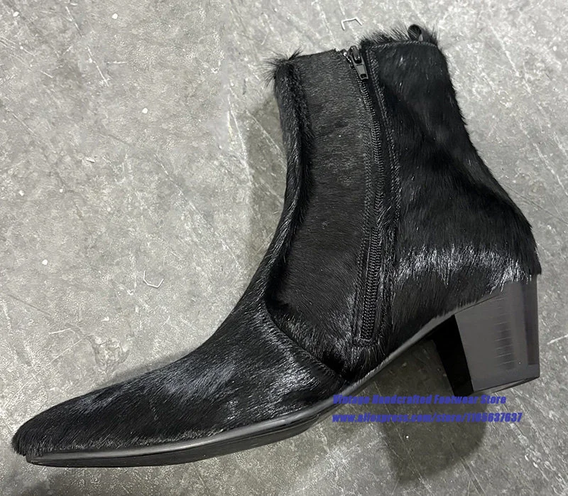 Men's Black Horse Hair Ankle Chelsea Boots Pointy Toe Side Metal Zipper Booties Party Club Boots Vintage Handcrafted Men's Boots