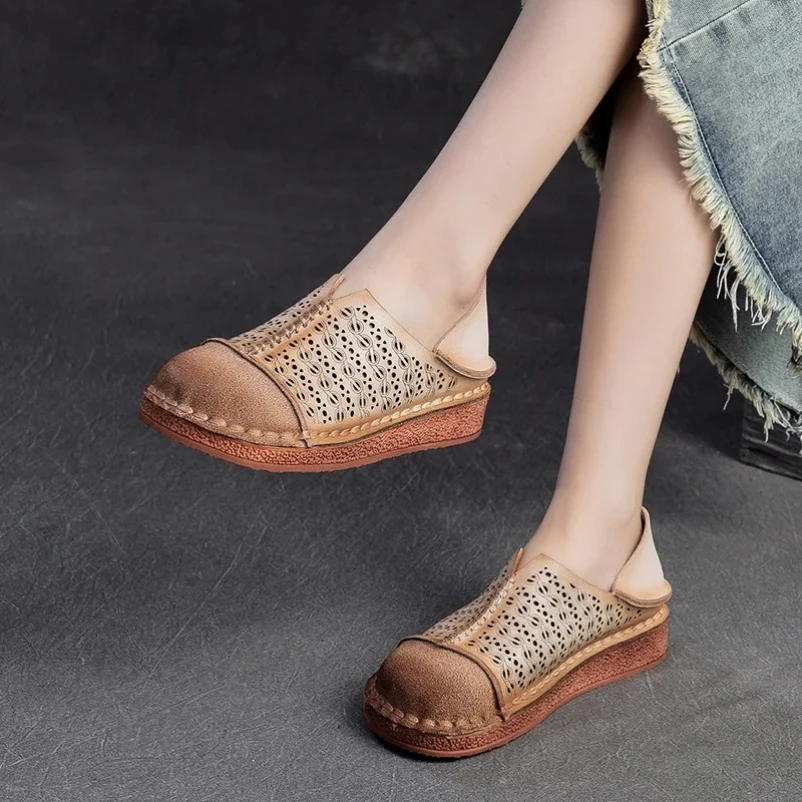 

Женская обувь на плоской подошве с открытыми отверстиями, шитые лоферы, роскошная обувь без шнуровки на платформе, туфли из коровьей кожи на плоском каблуке