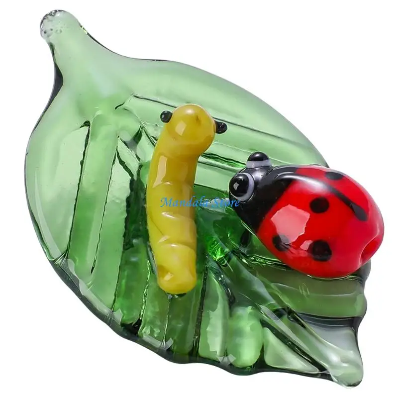 U2JC Glass Green Ladybugs Figurine Collectible Art Glass Miniature Animal Statue Insect Sculpture Ornament Home Decors