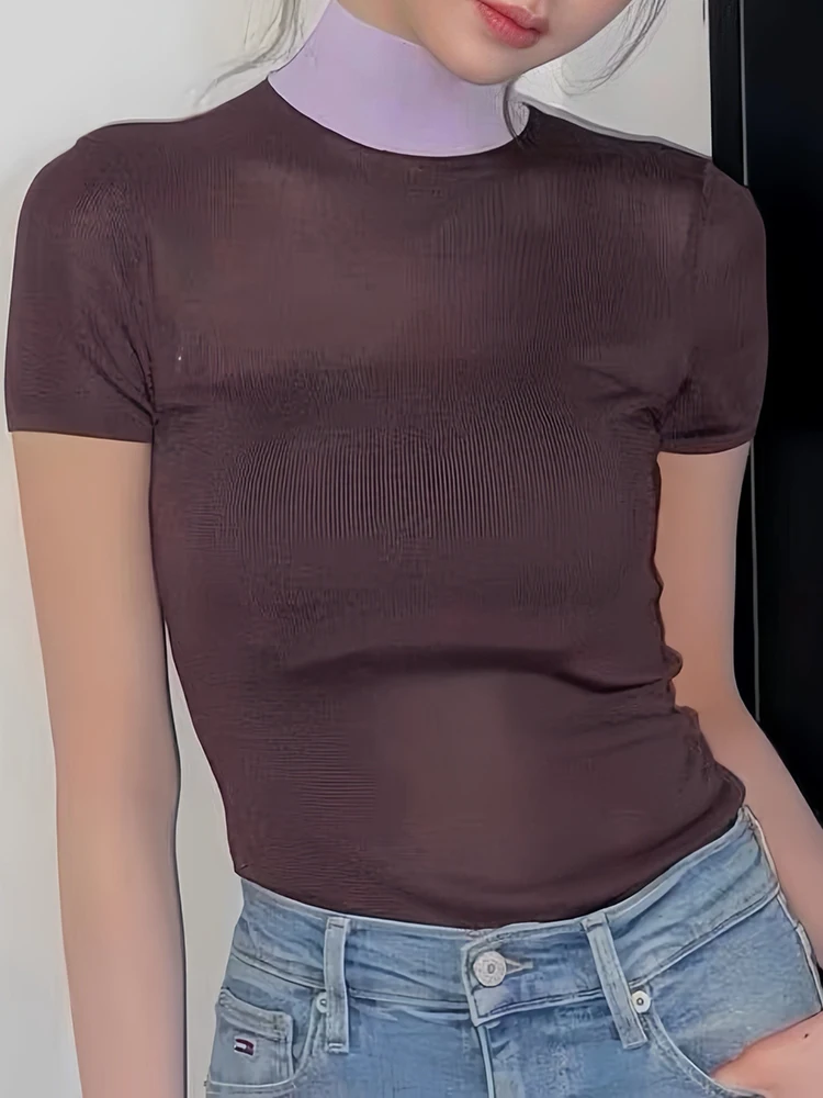 Color-matched half-high collar short-sleeved knitted sweater - Lightweight, slightly see-through, form-fitting base layer top