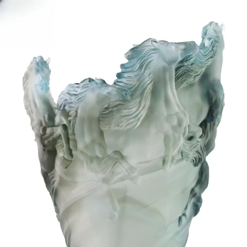 23cm Frosted Semi-transparent Galloping Horse Liuli Glass Vase Artistic Decor for Villa Hotel Home Flower Arrangement Ornament