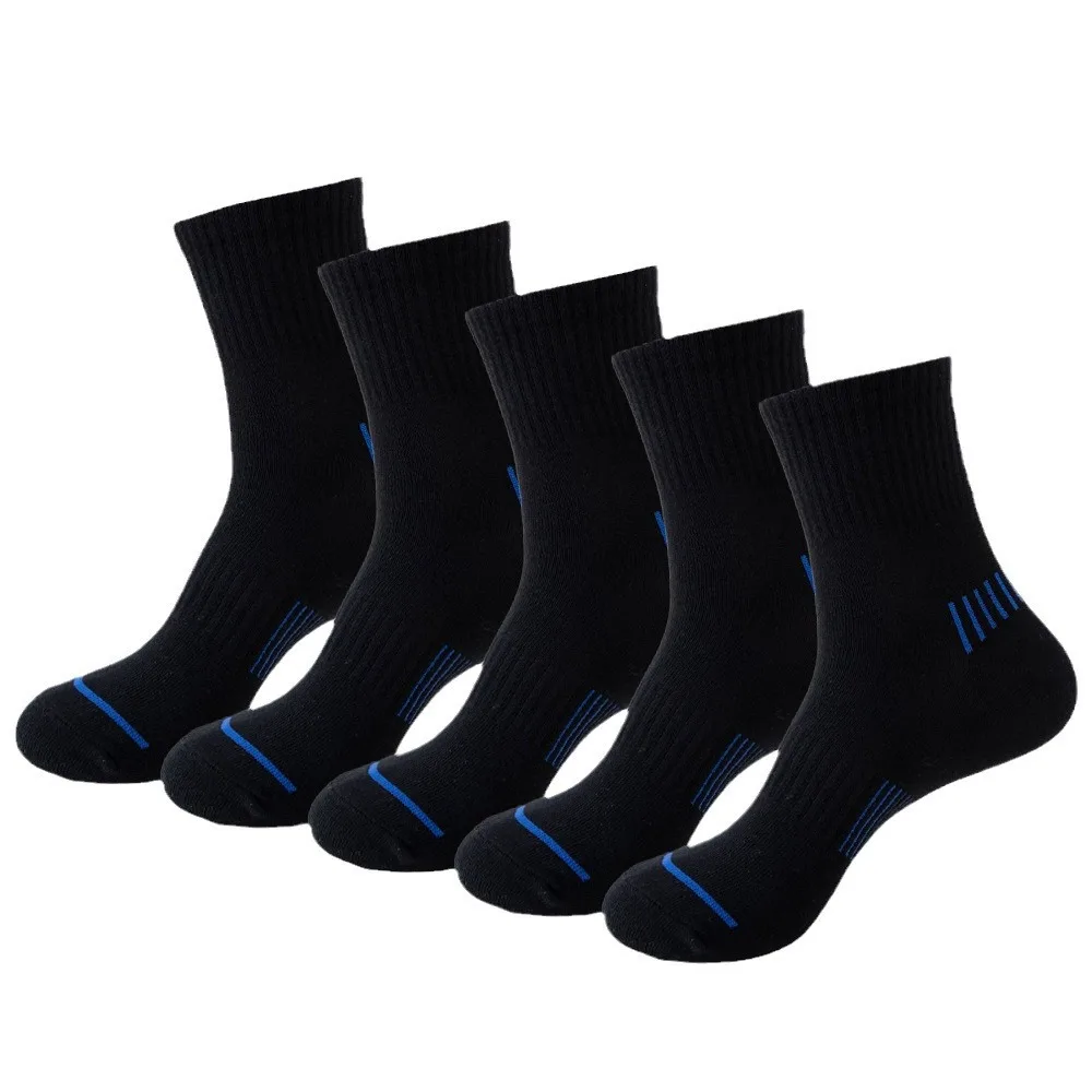 5 Pairs Sports Running Socks Men Ankle Socks Cushion Casual Athletic Mid-calf Socks Breathable Stripe Male Cotton Black Socks