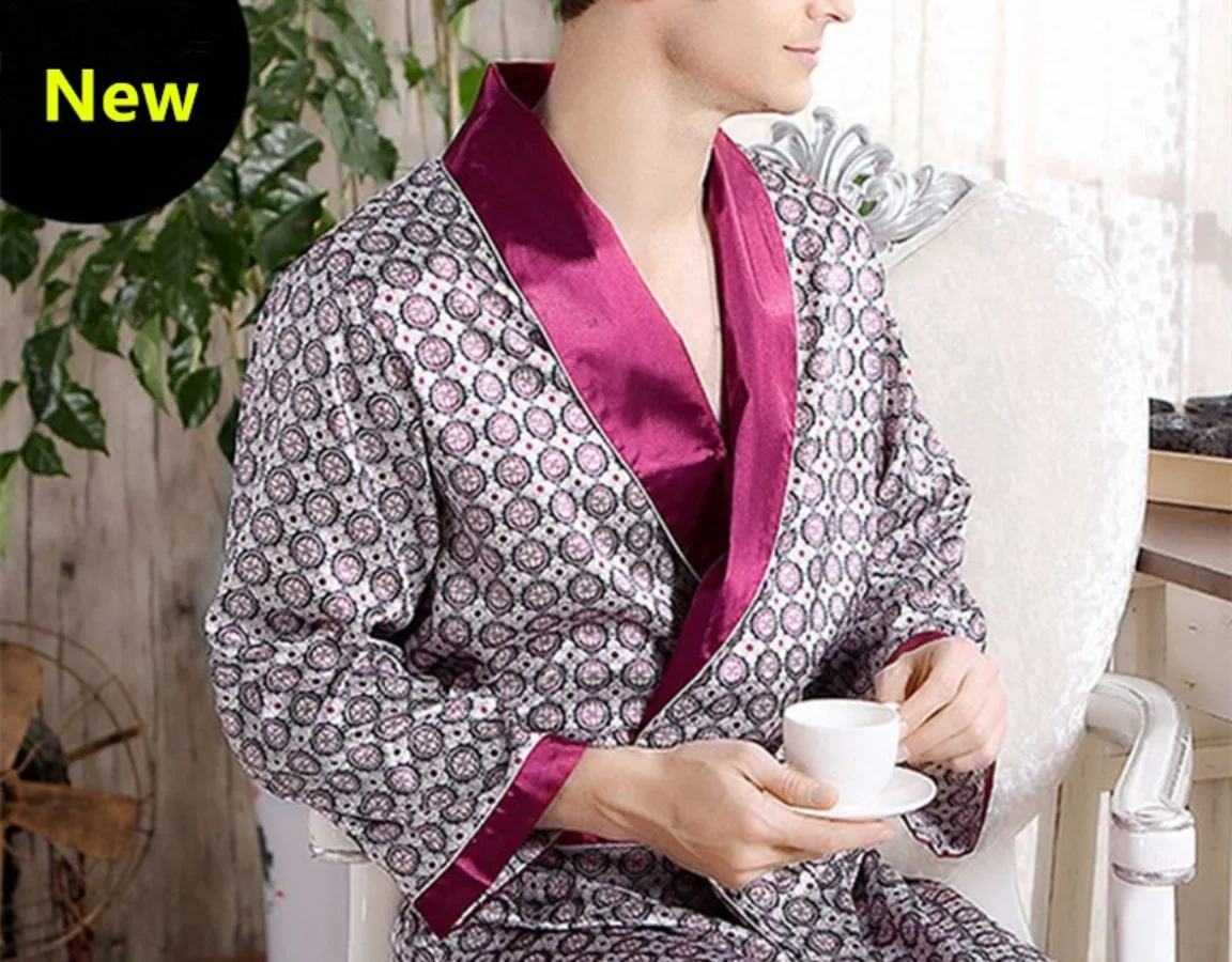 New 2024 Men\'s Luxury Pajamas Robes Silk Kimono Robe Long Sleeve Bathrobe Satin Nightgown Male Summer Home Clothing Oversize 5XL