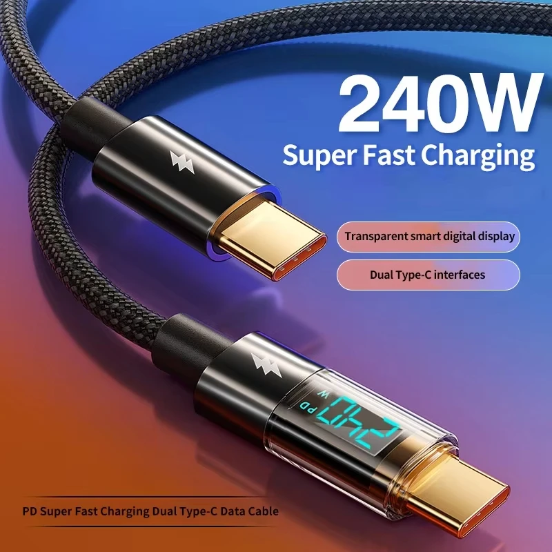 240W PD Fast Charging Type C to Type C Cable 100W Digital Display USB to Type C Cable For iphone 15 16 17 Xiaomi Macbook iPad