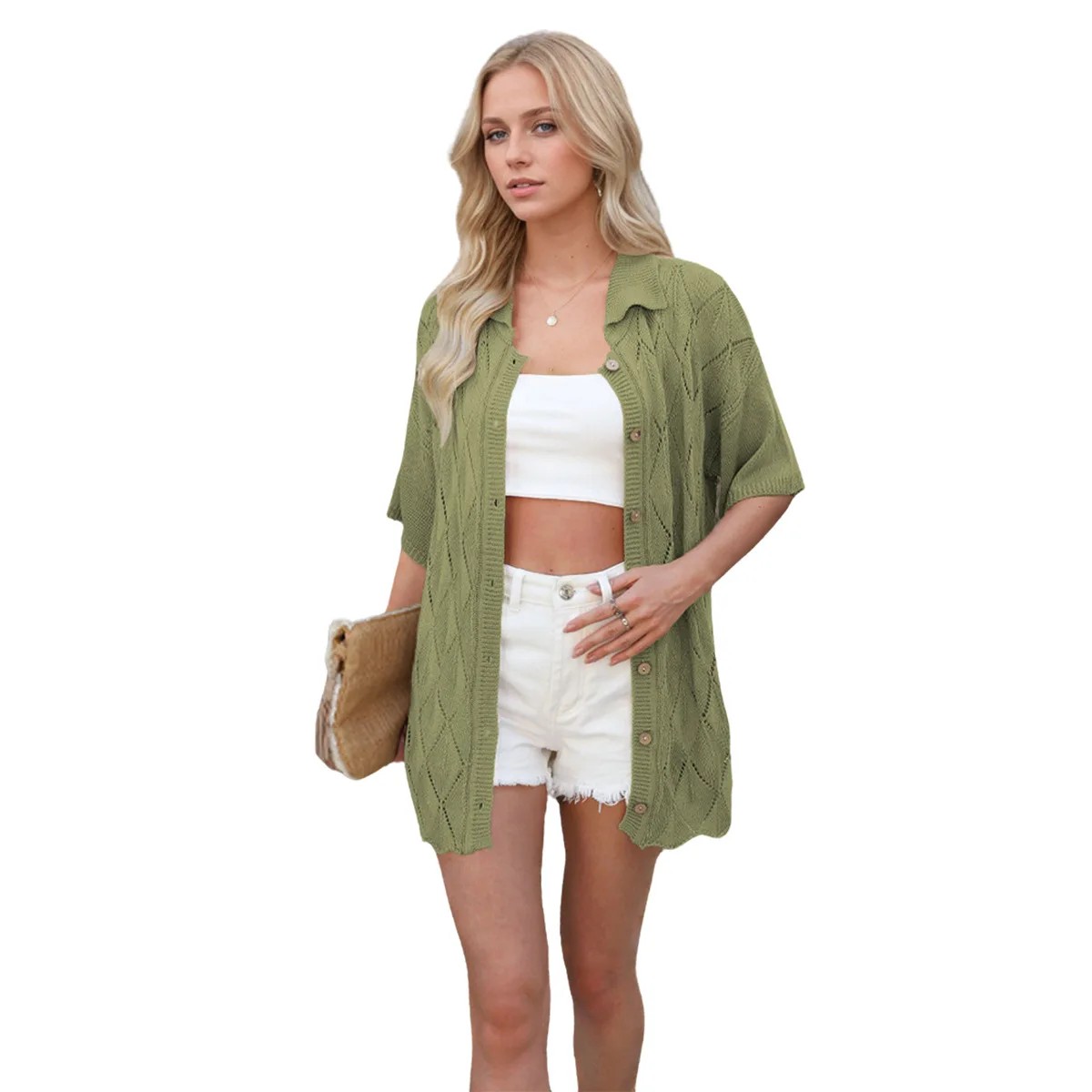 2025 신상 봄 여름 미국 여성 인기 상품 턴다운 칼라 싱글 버튼 반팔 니트 셔츠