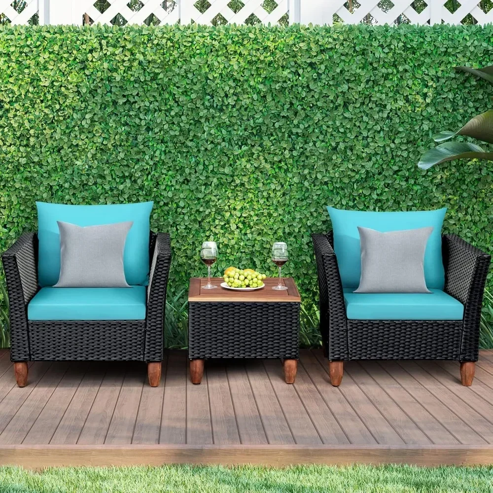 Set di mobili da giardino da 3 pezzi, Set di divani da bistrot in Rattan di vimini da esterno Patiojoy con cuscino lavabile, tavolino da caffè con piano in legno di Acacia