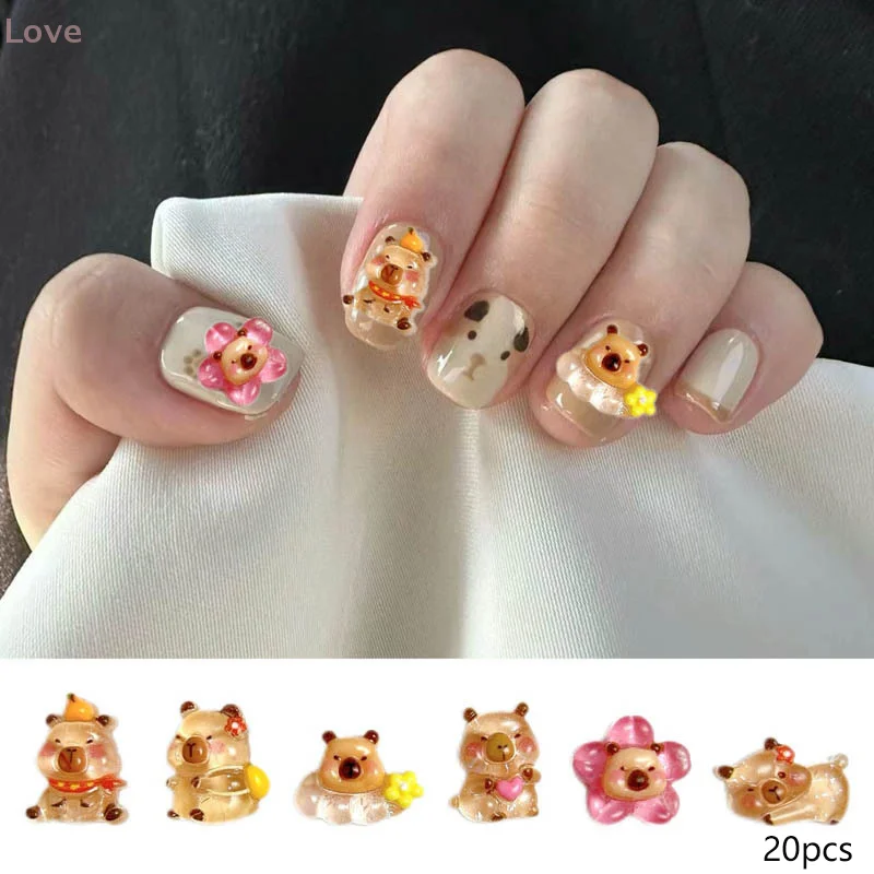 [L&P] 20 قطعة من إكسسوارات أظافر كارتون كابيبارا البني أنيقة ولطيفة من راتينج دولفين المائي