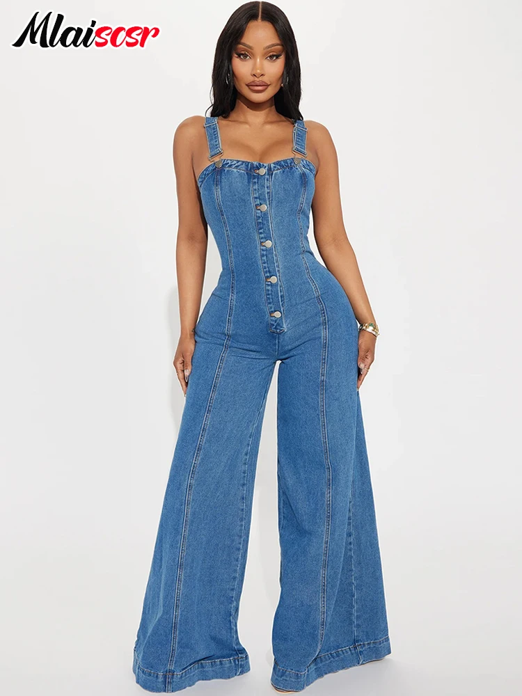 Mcaiscsr jumpsuit jins pakaian jalanan, jumpsuit Jeans untuk wanita tanpa lengan kancing, celana kaki lebar, baju monyet Denim satu potong baru