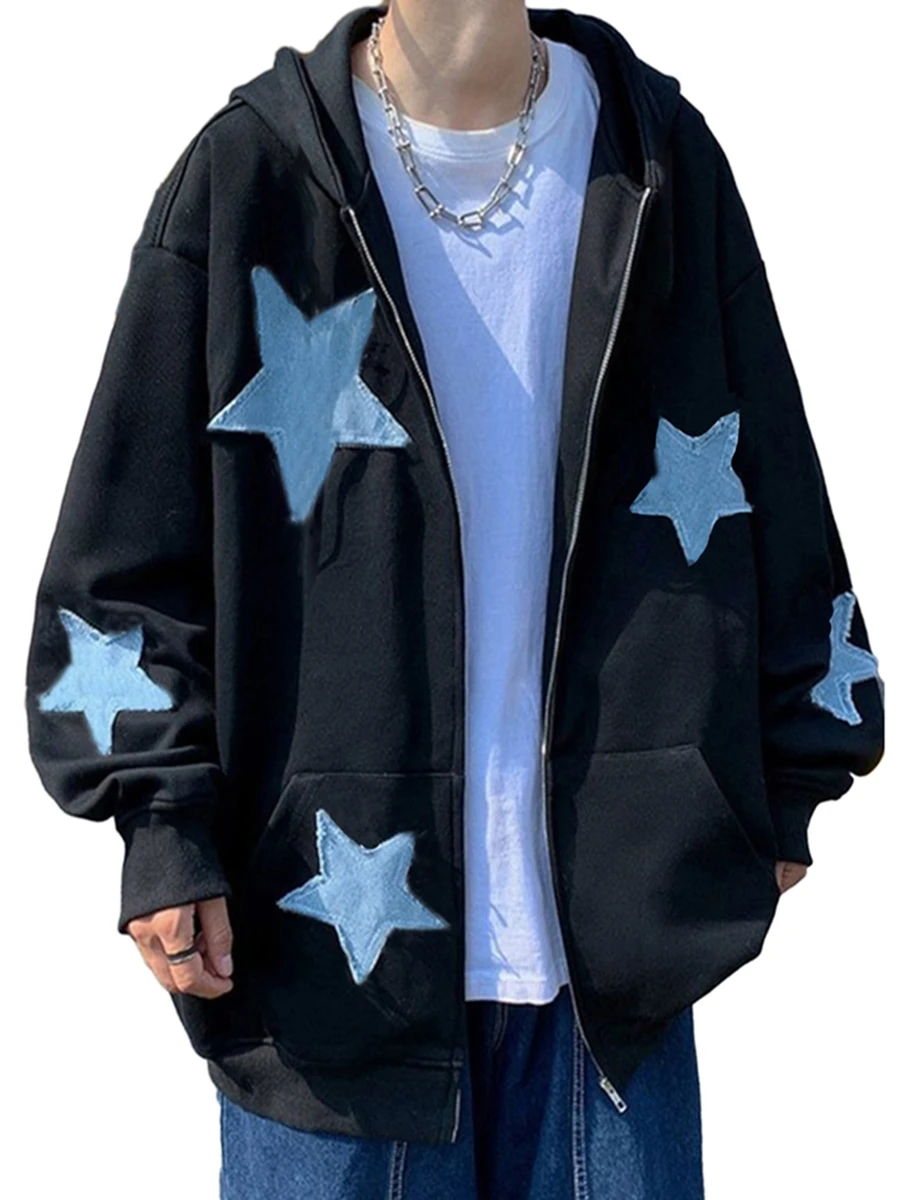 Women Star Hoodie Y2k Grunge Zip up Hooded Cardigan Sweatshirt Alt Jacket Streetwear for Teen Girls