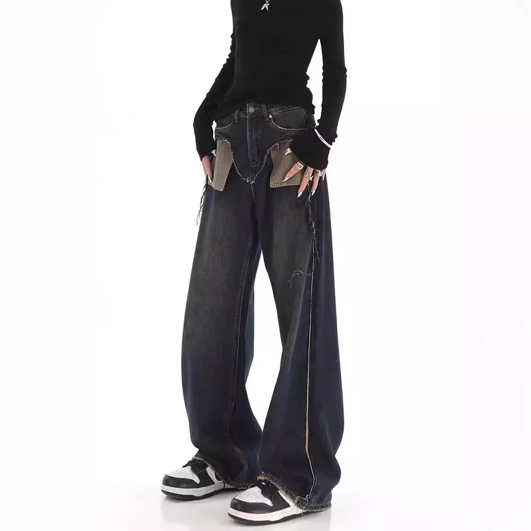 Niche Design Contrasting Jeans American High Street Blue Rough Edge Mopping Wide-leg Pants Tide 2025 Autumn And Winter New Cloth