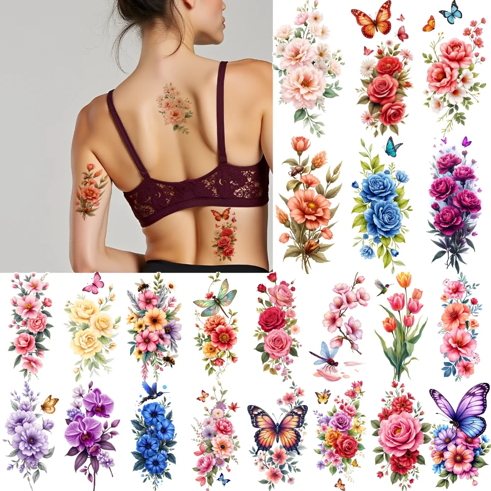 

9pcs Temporary Tattoo Flower Bouquet With Hummingbird Temporary Tattoo Stickers Yellow And Purple Flowers Purple Flowers For