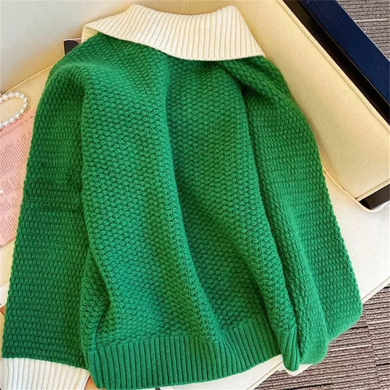 Women Green Sweet Sweater V-Neck Long Sleeve Patchwork Warm Pullover Casual Loose Sweater For Women 2024 Autumn Winter