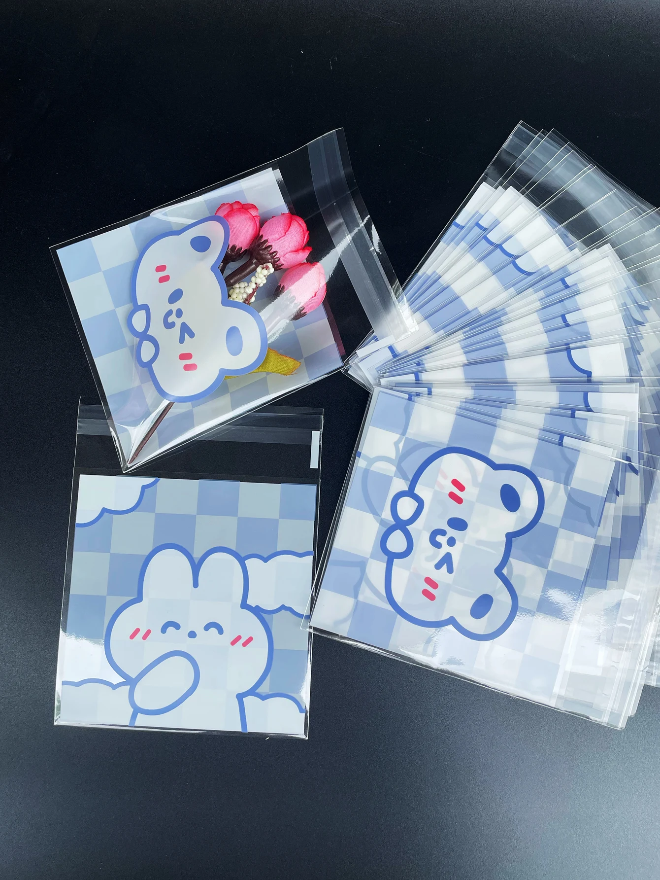 Blue Plaid Printed Opp Bag, Cute And Simple Small Rabbit Cartoon Printed Self-sealing Bags, Small Gift Bags Festival Party Bags