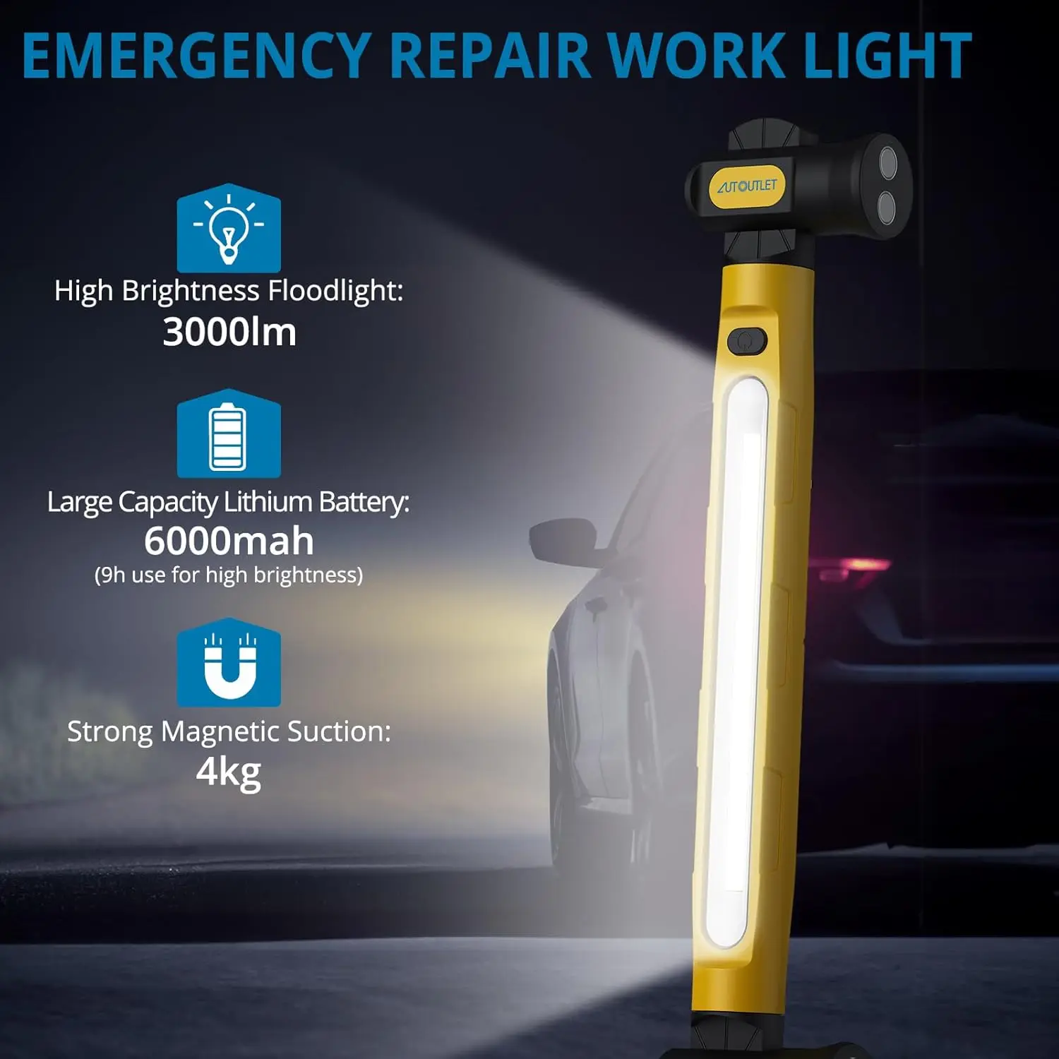 3200lm LED Work Light,6000mAh Rechargeable,Magnetic Hooks for Car Repair/Workshop.