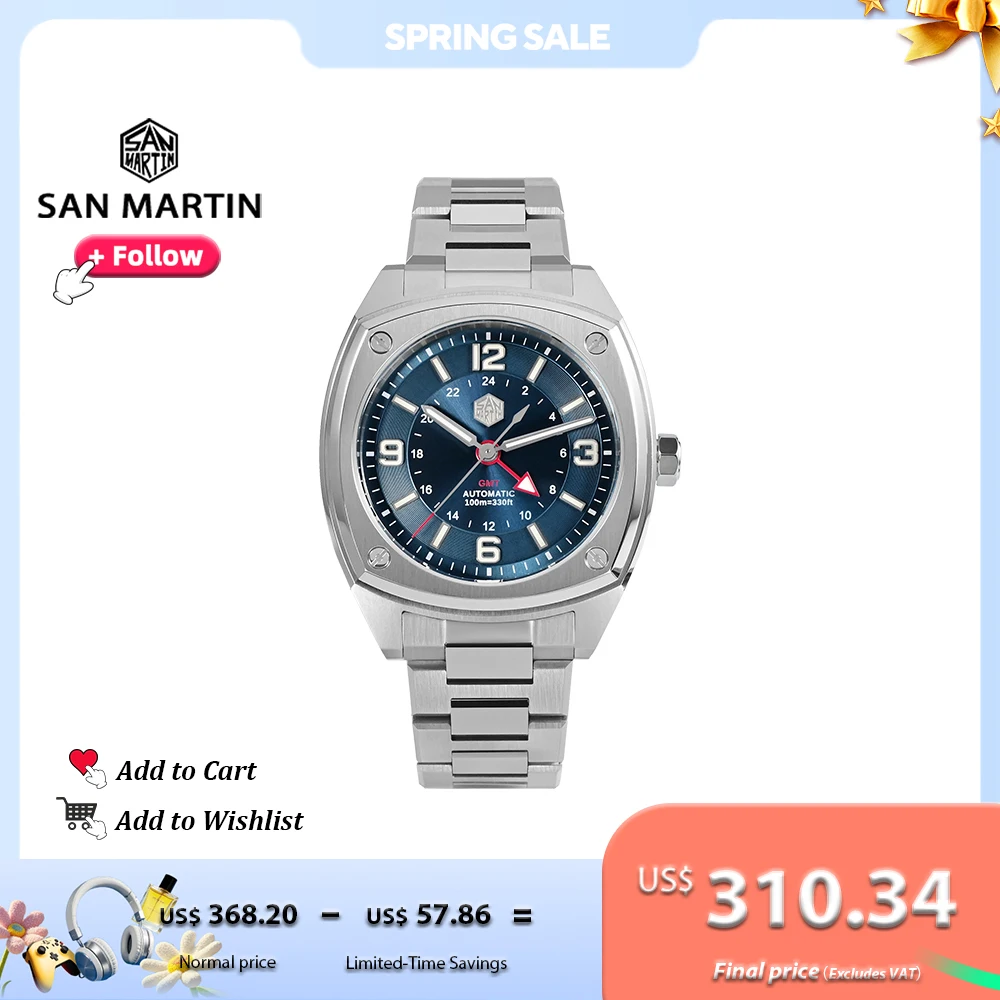 

San Martin GMT Men Watch 40mm Original Design Stainless Steel Sapphire Crystal Automatic Mechanical Luminous Waterproof SN0026