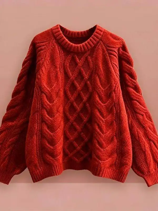Autumn Winter Women's Knitted Sweater Red Outerwear Lazy Style Versatile round Neck Twisted Knitwear Casual Comfortable Fit