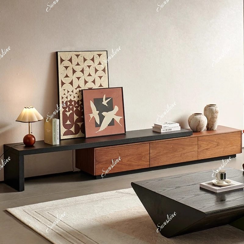 Solid wood retractable TV cabinet small apartment living room household walnut retro floor cabinet