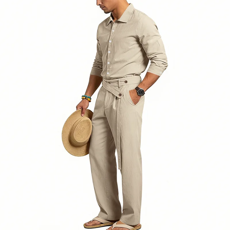 Europäisch-Amerikanisches Herren-Leinen-Freizeitset: Hemd mit Umlegekragen und Hose mit hohem Bund und Gürtel – Locker, atmungsaktiv, für Urlaub und Strand – Detail 28