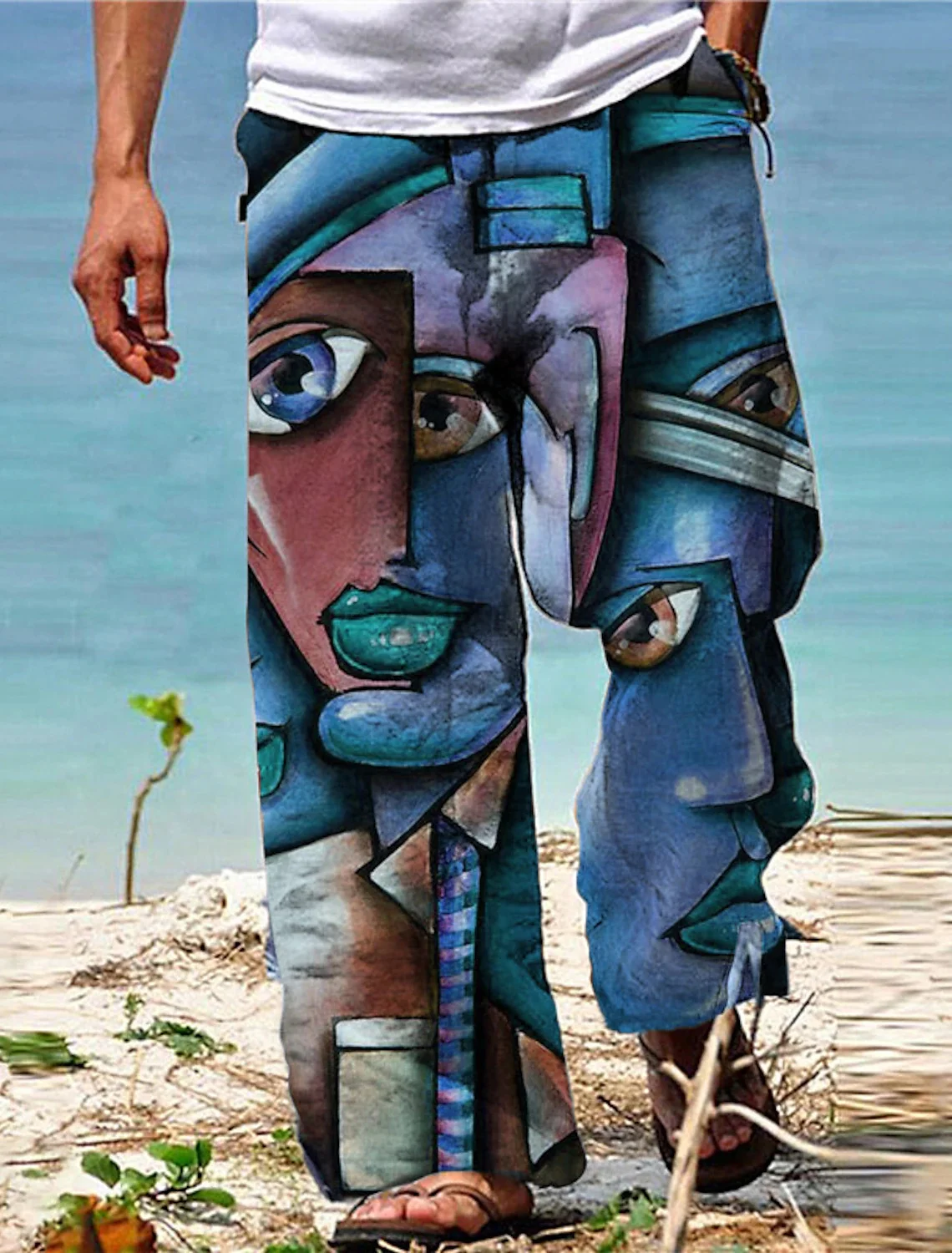 

Мужские свободные пляжные брюки с абстрактным 3D-принтом, эластичным шнурком для повседневного отдыха и уличной моды