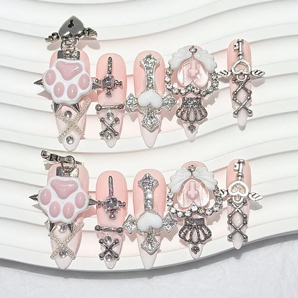 Pink Jirai Kei Kawaii Handmade Press On Nails Y2K Japanese Harajuku Long Nail Art 3D Cute Cat Paw Cross Heart Crown Fake Nails