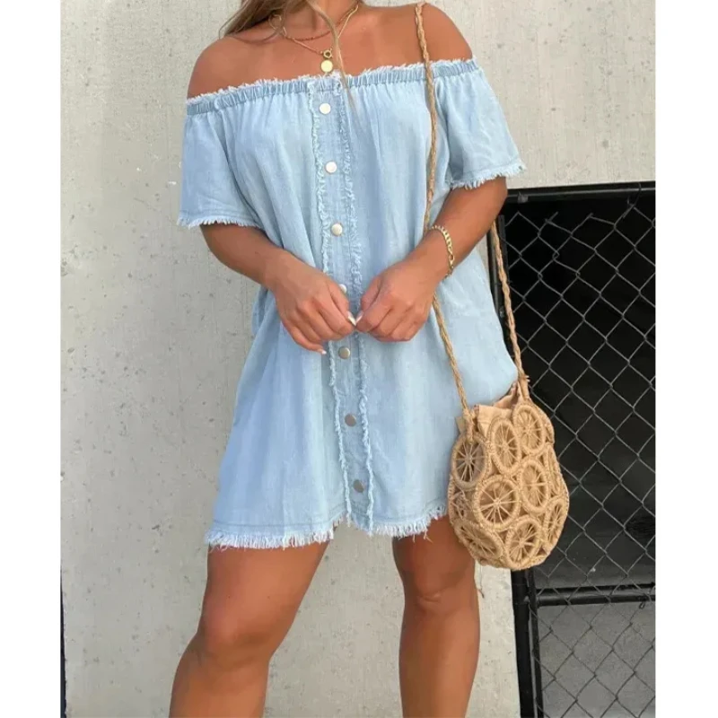 

Shirt Dress Denim 2024 Jeans Dresses Women Off Shoulder Slash Neck Blue Tassel Single Breasted A Line Mini Vestidos Streetwear