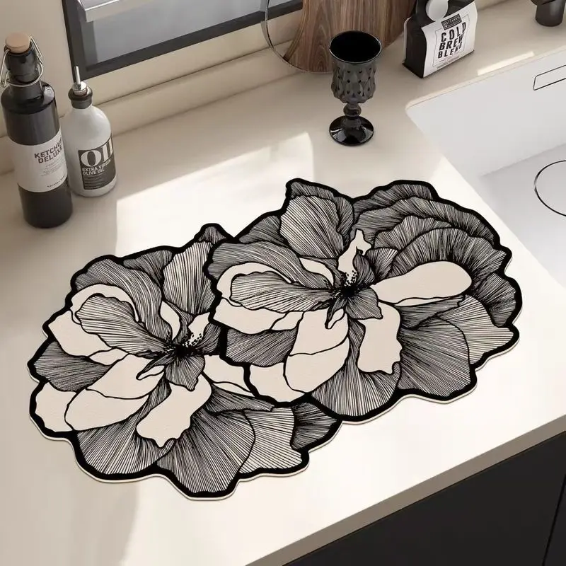 VIKAMA Unique Floral Dish Drying Mat, Coffee Bar Water-Absorbing Quick-Dry Mat, Home Tabletop Decorative Accessory