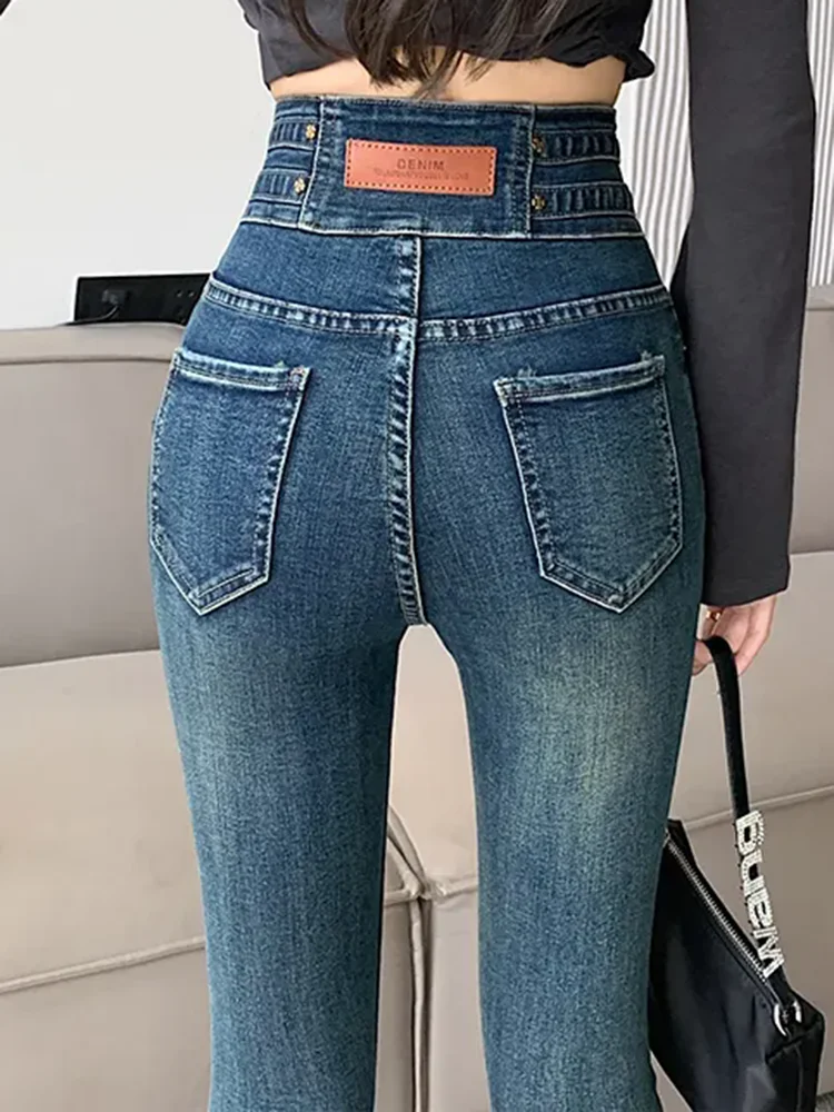 Korean Design Skinny Stretch Pencil Jeans Winter Warm High Waist Vintage Thicken Denim Pants Casual Velvet Lined Kot Pantolon