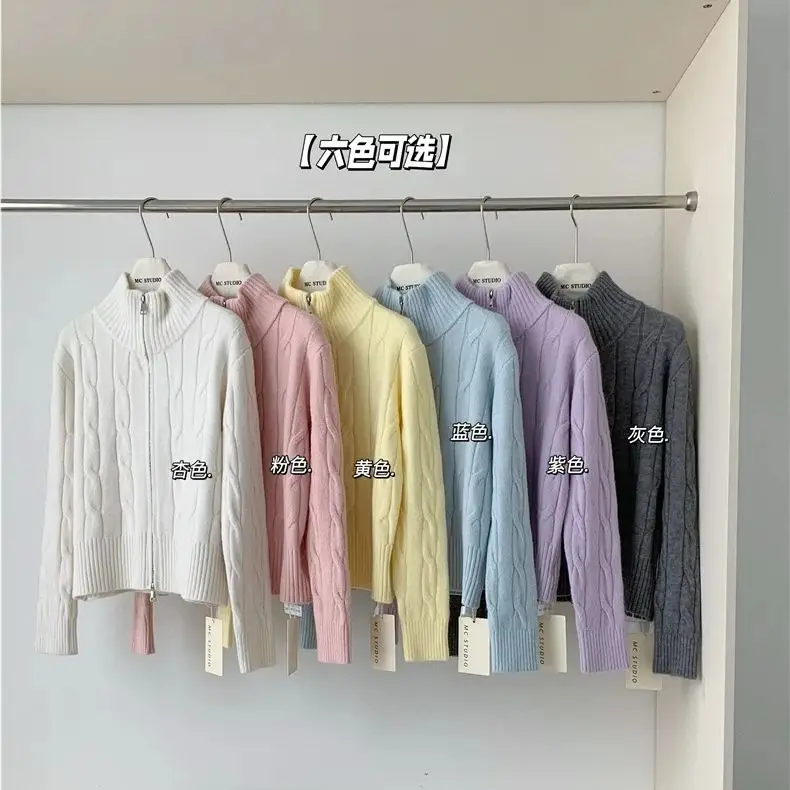 Maglione da donna con colletto rialzato con doppia cerniera 2024 giacca cardigan comoda morbida e cerosa stile pigro autunno e inverno