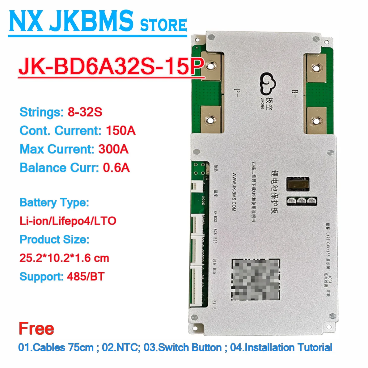 Smart JK-BD6A32S10P Jikong BMS PCBA 0.6A 8S 24S 32S Active Balance High Series 100A 150A Li-Ion Lifepo4 BMS with BT for Energy