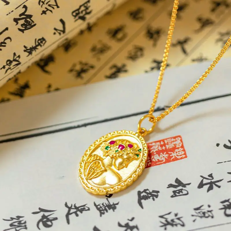 

Women's 24K Gold (AU999) French Flower Angel Pendant | Gold-inlaid flower core, hammered wings with rotatable clasp