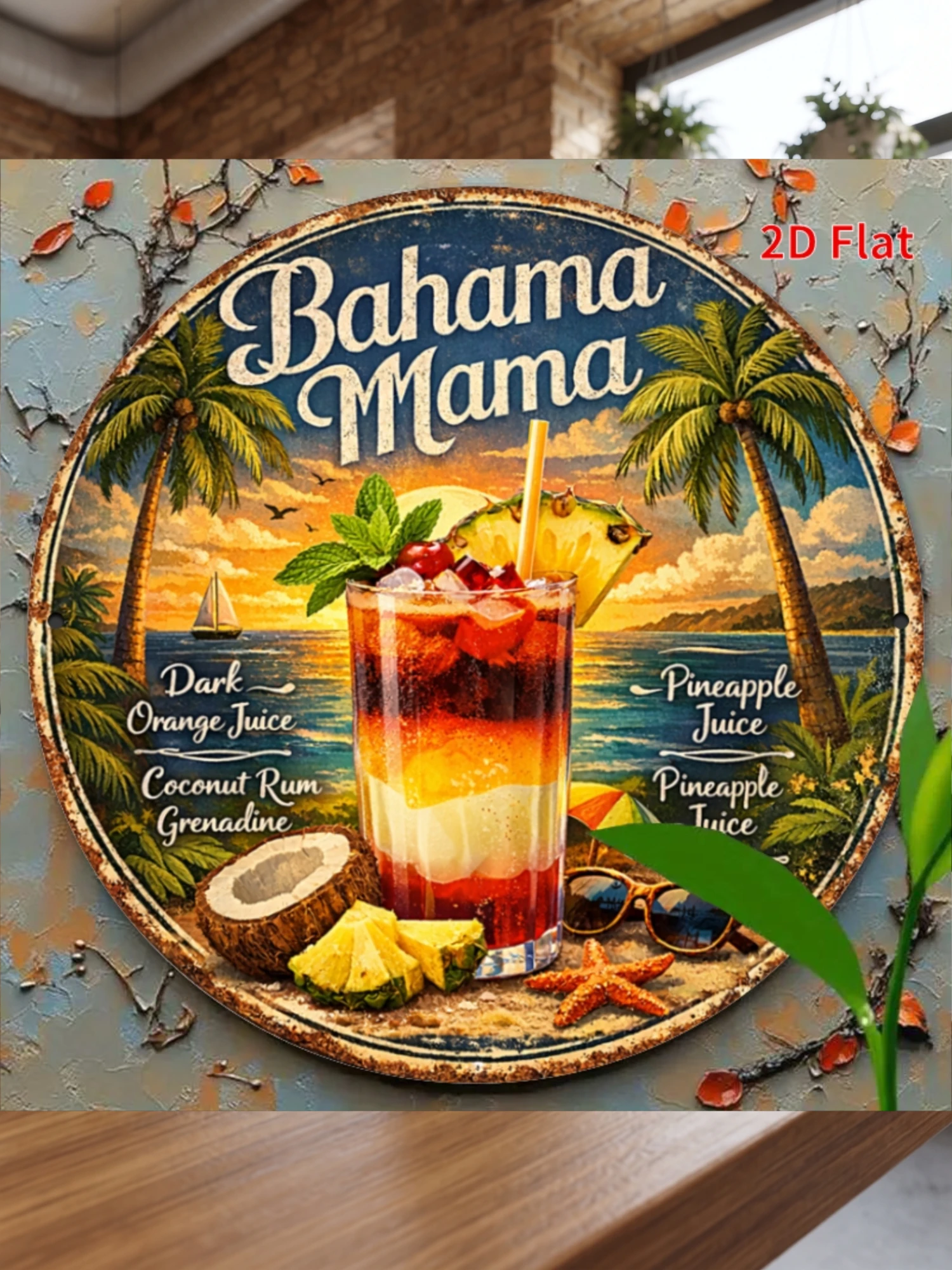 2D Flat - [2Dflat]1pc 7.87X7.87inch- Retro Bahama Mama Cocktail Tin Sign, Vintage Tiki for Bar Wall Art, Round Metal Sign for Bar, Pub, Beach House Decor