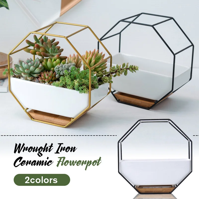 White Ceramic Planter Pot Creative Metal Iron Rack Simple Octagonal Geometric Wall Hanging Flower Pot Bamboo Tray Iron Frame