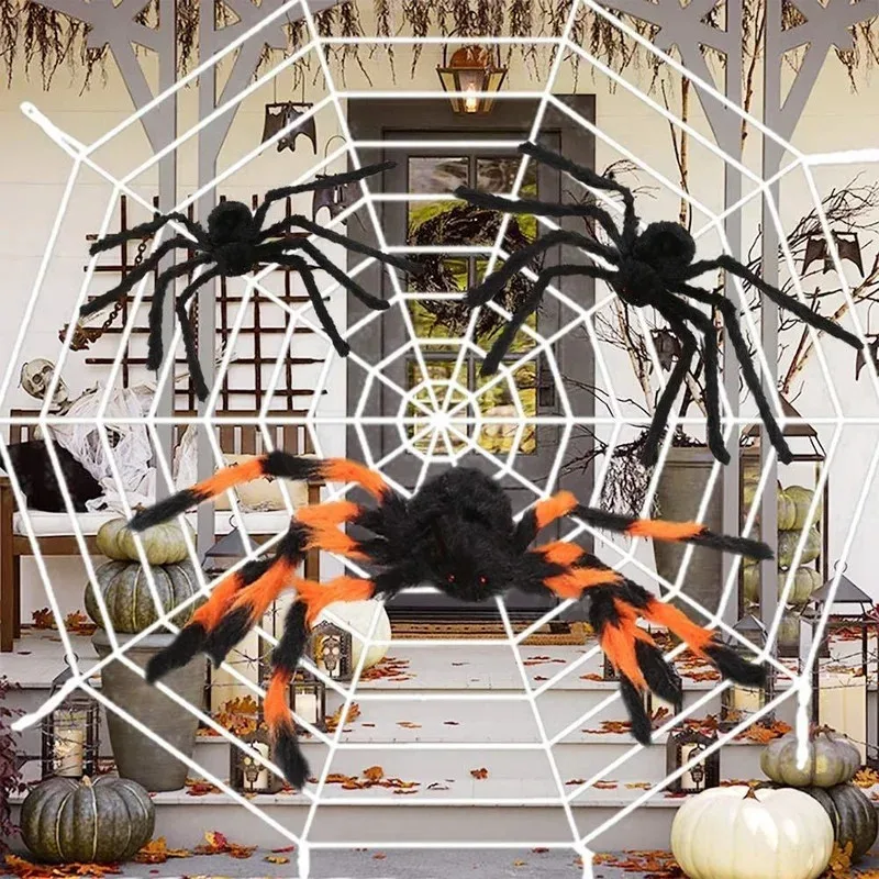 

Giant Spider Huge Spider Web Halloween Decoration Props Haunted Indoor Outdoor Spooky Plush Large Araneid Prank Trick Supplies