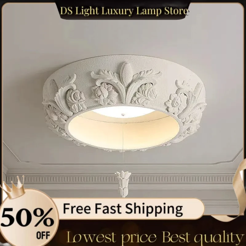 Artistic Carved Plaster Chandelier Led White Resin Gypsum Round lamp Living room Dining room Bedroom French Court hanging Lamp