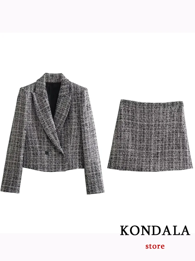 KONDALA Casual Office Lady Suit donna Plaid scollo a V monopetto Blazer Zipper pantaloncini dritti moda 2024 autunno inverno set