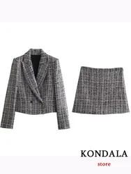 KONDALA Casual Office Lady Suit Women Plaid V Neck Single Breasted Blazer Zipper Straight Shorts Fashion 2024 Autumn Winter Sets