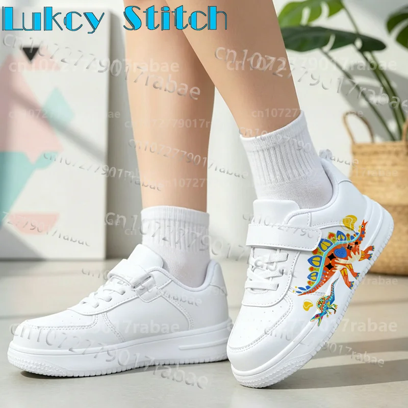 Colorful Dinosaur Print White Flat Shoes for Youth Student Boy Girl Campus Wear Arch Support Kids Breathable Daily Outdoor Shoes