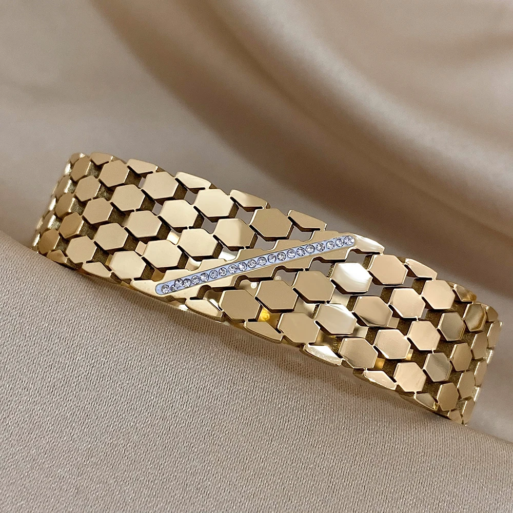 Vintage Stainless Steel Rhinestones Bracelet Bangle Fashion Multiple Row Geometric Polygon Bracelet Wristband Waterproof Jewelry