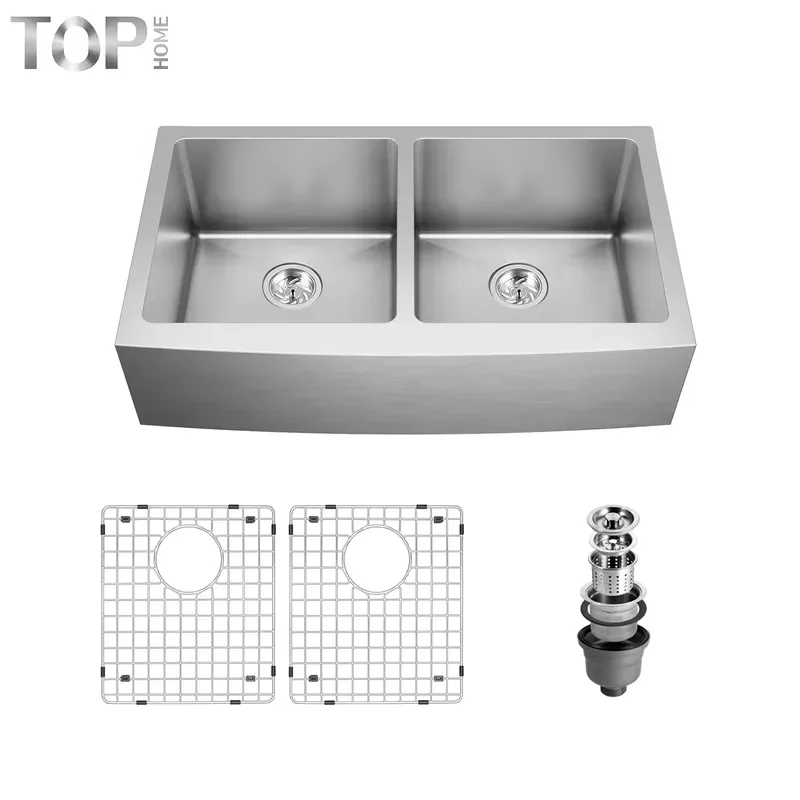304 Stainless Steel Farmhouse Kitchen Sink Double Bowl Apron Front Brushed Finish Handmade No 16 Size with 5 Year Warranty