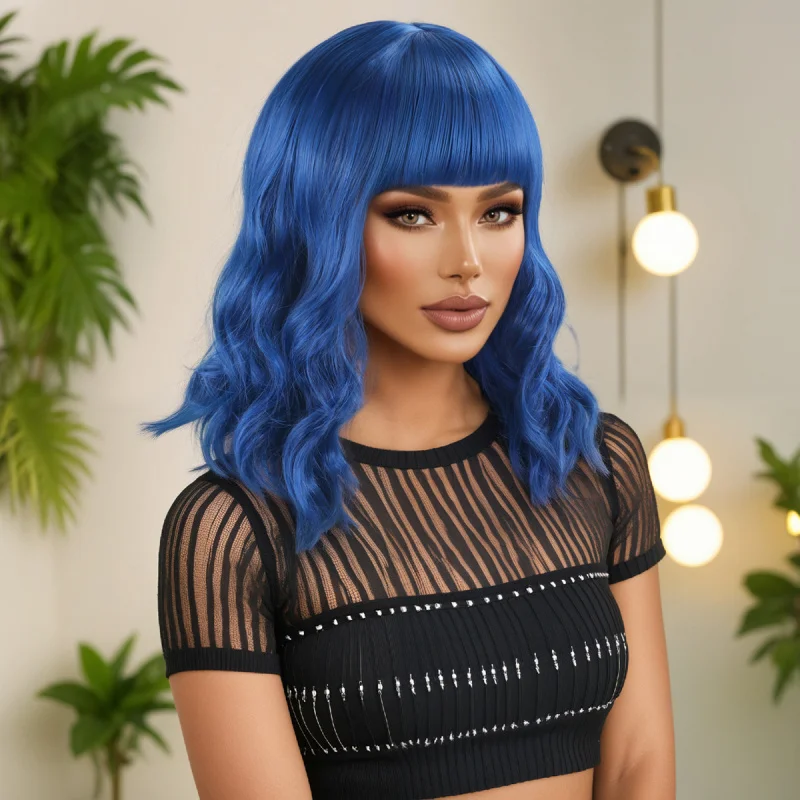 European and American style with bangs, short curly hair, royal blue synthetic fiber cosplay wig for women, full head cover