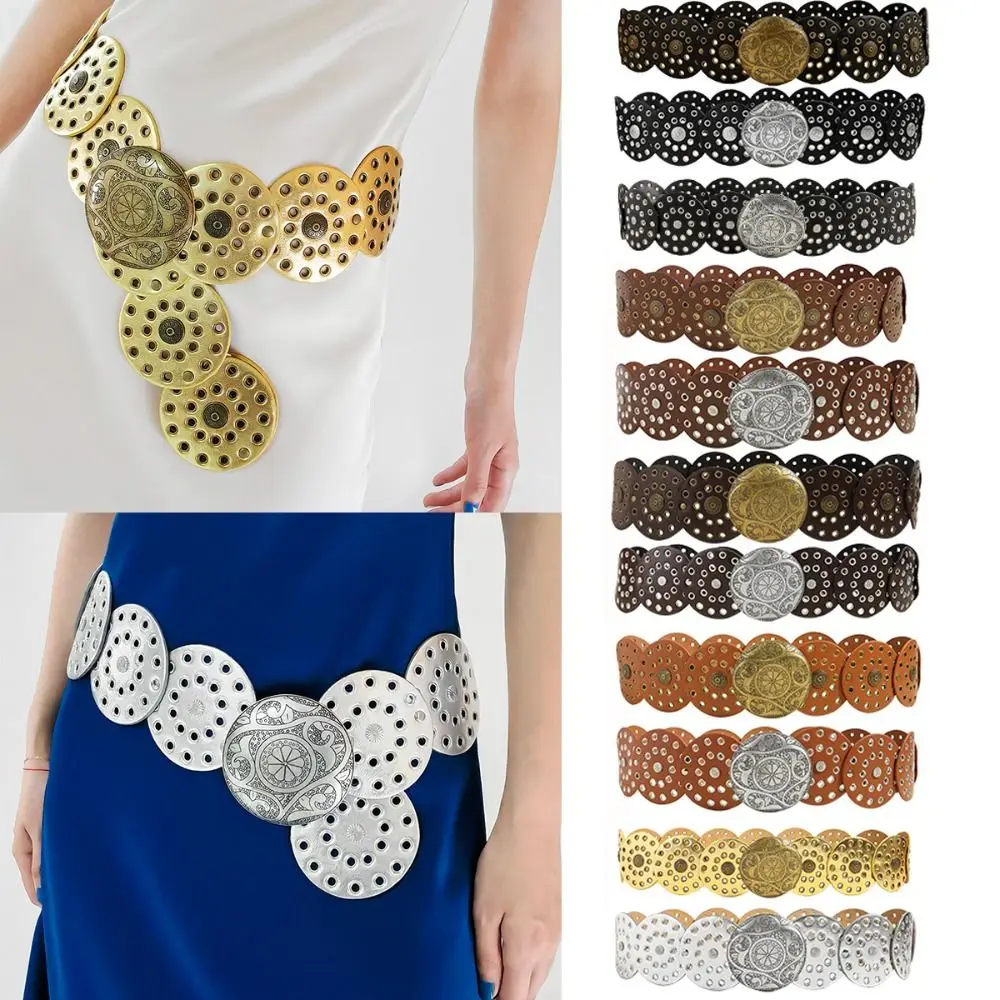 Vintage Y2K Disc Belts Metal Buckle Round Hollow Belt Exaggerated Western Style Wide Belts for Women