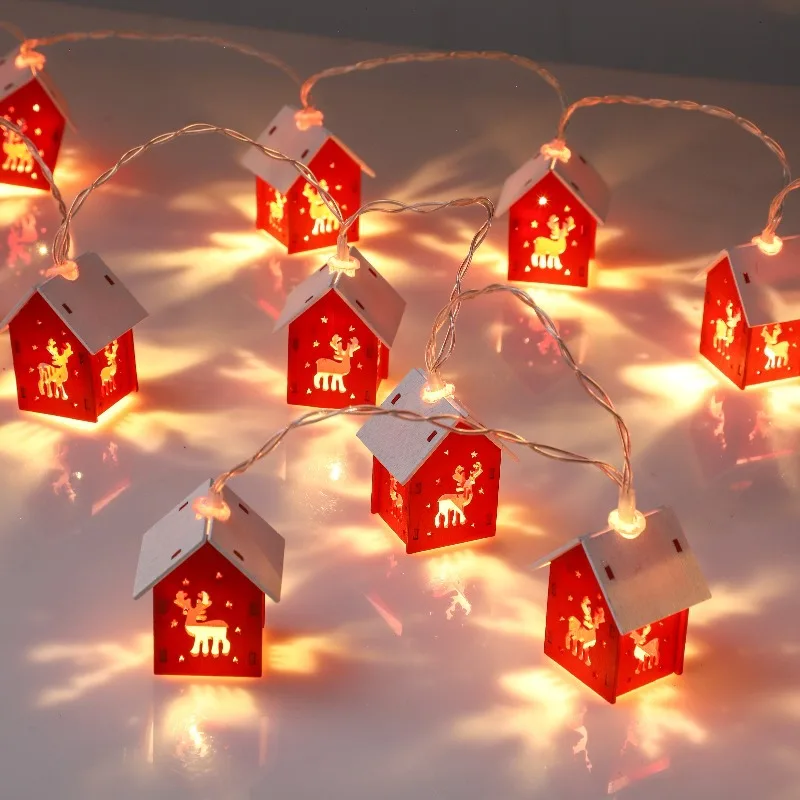 

1.5M 10pcs Christmas Wooden House LED String Lights Red Elk Christmas Tree Ornaments Hanging Pendant Home Xmas Party Decor Natal