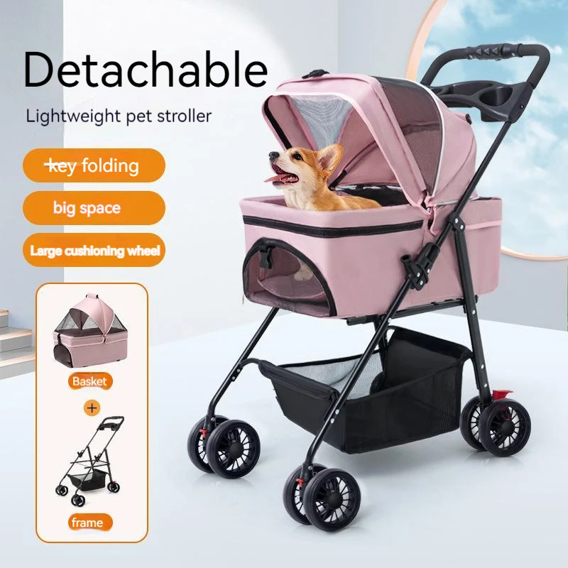 Pet Stroller Lightweight Foldable Dog Transporter Outdoor Travel Trolley Separable Handbag Bearing Weight 20 KG for Small Dogs